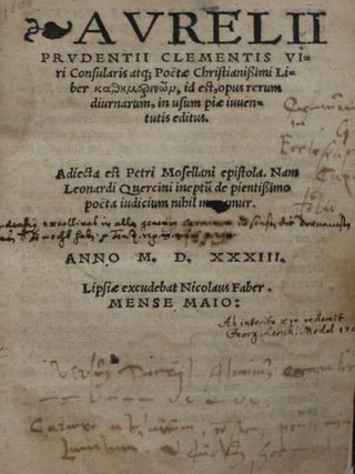 Viri Consularis Atq: Poete Christianissimi Liber kathemerinon, id est, opus rerum diurnarum, in usum piae juventutis editus. Adiecta est Petri Mosellani epistola. Nam leonardi quercini ineptum de pientißimo poeta judicium nihil moramur.